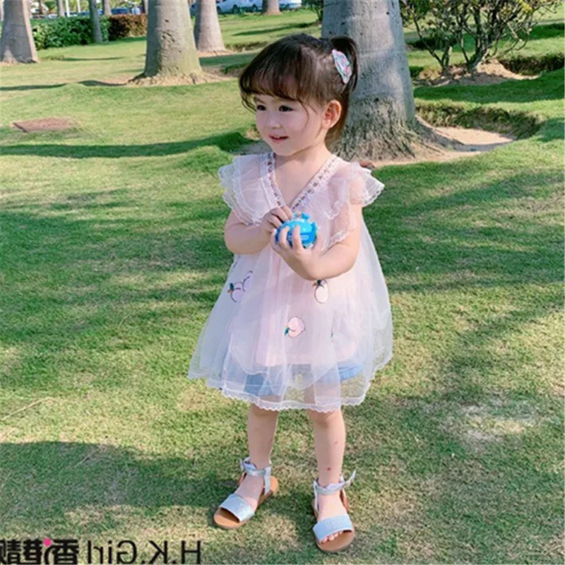 

Girls' dress with embroidered fruit design and mesh skirt26New summer children's clothing wholesale3-8Years Old