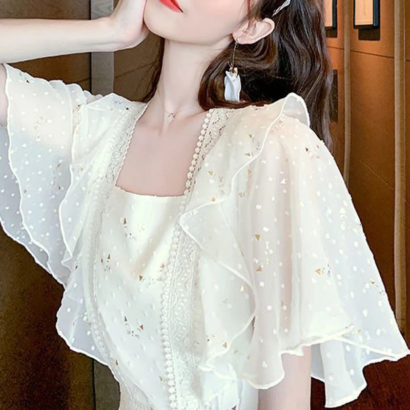 Summer Fashion Sequins Lace Patchwork Elegant Party Dresses for Women Ruffle Short Sleeve Slim Sweet Chic Fairy Midi Dress Robe