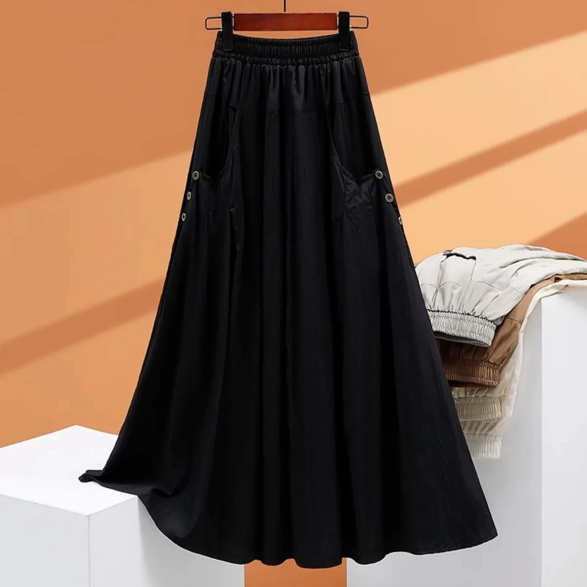 Black Pocket Workwear Half Skirt 2025 Summer New Fashion High waisted Versatile A-line umbrella Skirts Medium length Clothing