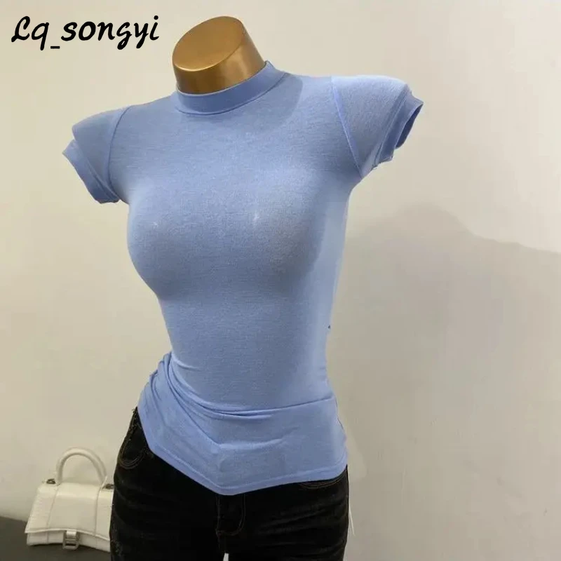 

Lq_songyi Mock Neck See-through T Shirts Spring Summer Thin Tops High Strecth Women Top 2024 New Basic Sold Slim Fit T Shirts