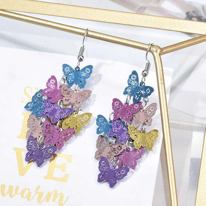 Cute Multilayer Colorful Butterfly Earrings For Women Hollow Geometric Butterflies Earrings Bohemian Long Drop Dangle Jewelry