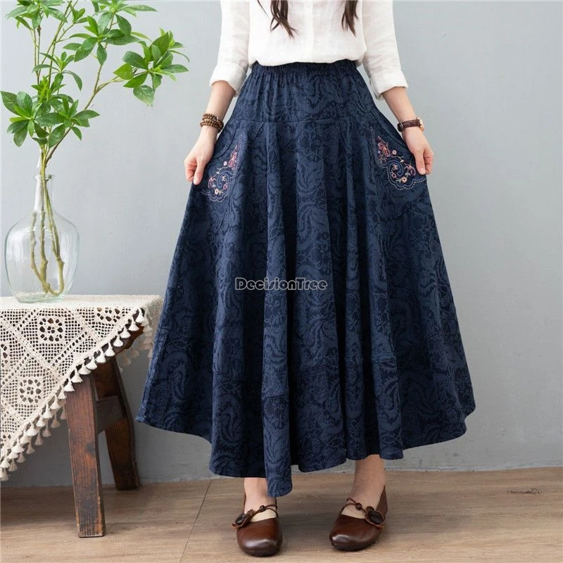 

2024 chinese ethnic style embroidery cotton hemp skirt female spring autumn elastic high-waist loose skirt retro long skirt w339