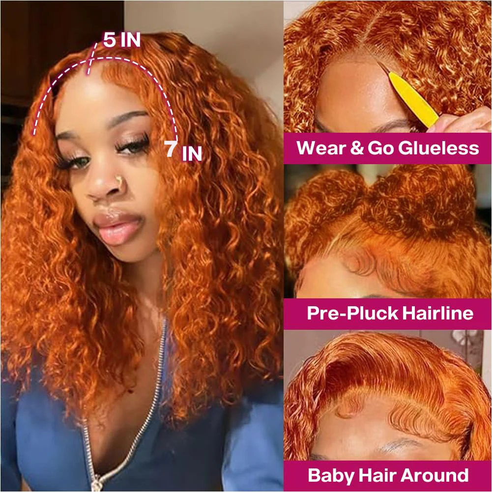 FABA  Glueless Wigs Human Hair 7x5 Wear and Go Glueless Wig Pre Plucked  with Natural Hairline Pre Cut Ginger Orange Curly Wigs