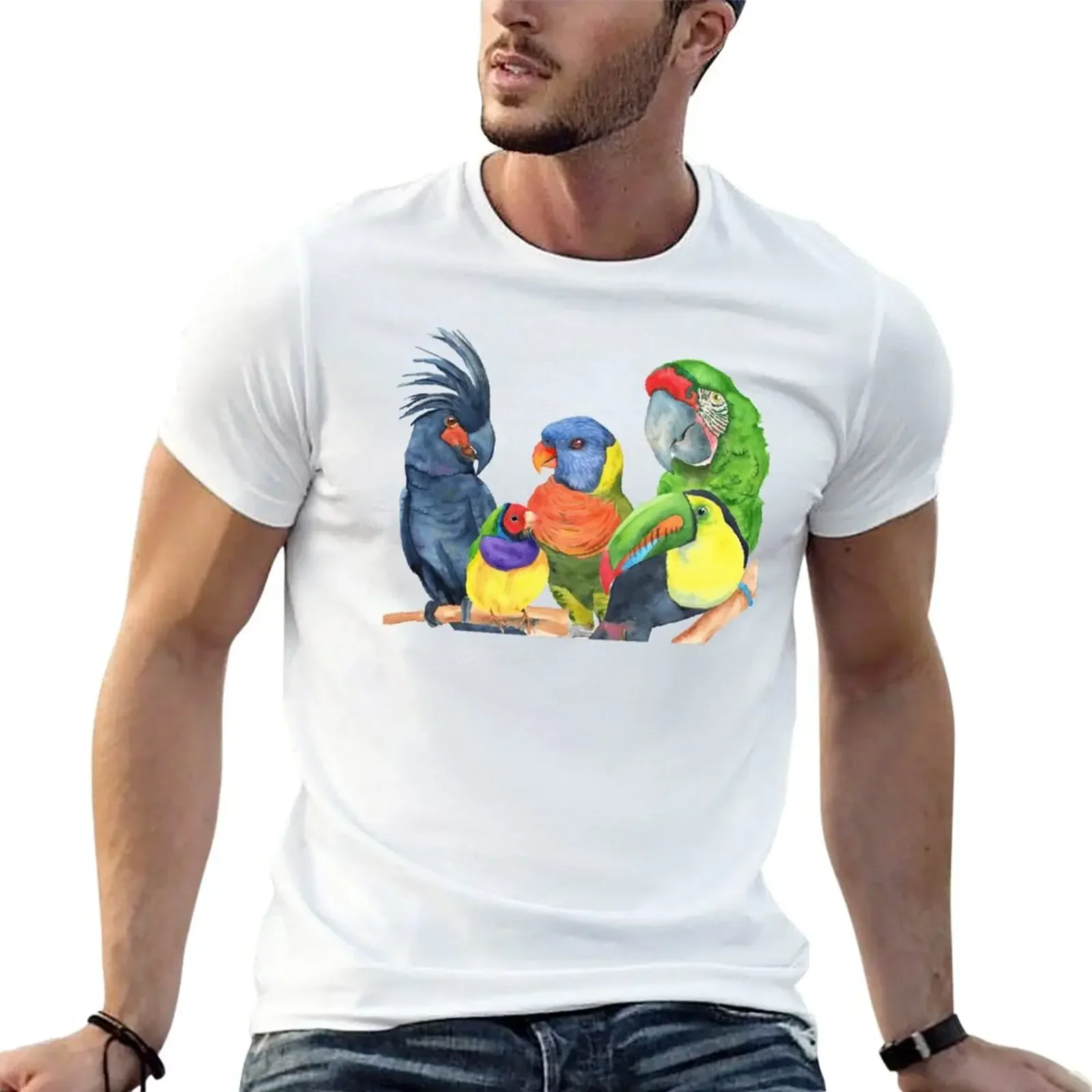 New parrots bird watercolor toucan finch lory cockatoo macaw T-Shirt anime clothes sweat shirts Men's t-shirt 2024 heavyweight