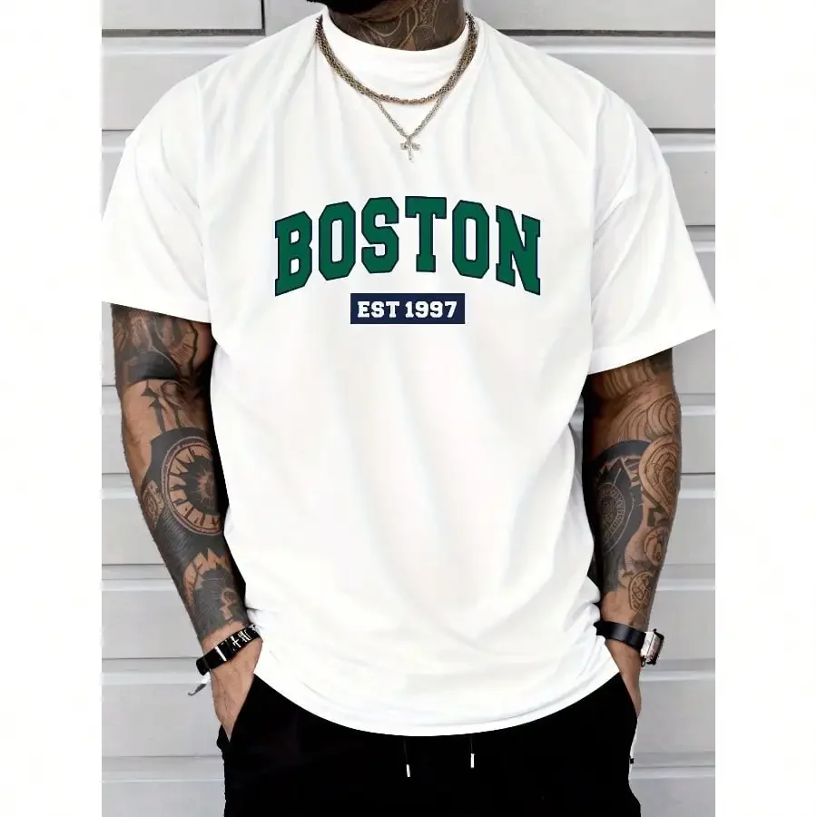 1 pc, 100% cotton T-shirt, Letter T-shirt men's casual street style summer and autumn micro-elastic round neck T-shirt