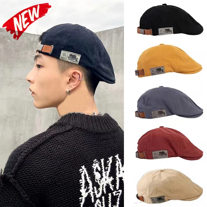 New Men's Vintage Linen Fashion Hip Hop Solid Beret Side Label 1973 Women's Hat Vintage Beanie Crowd Style Sun Beret