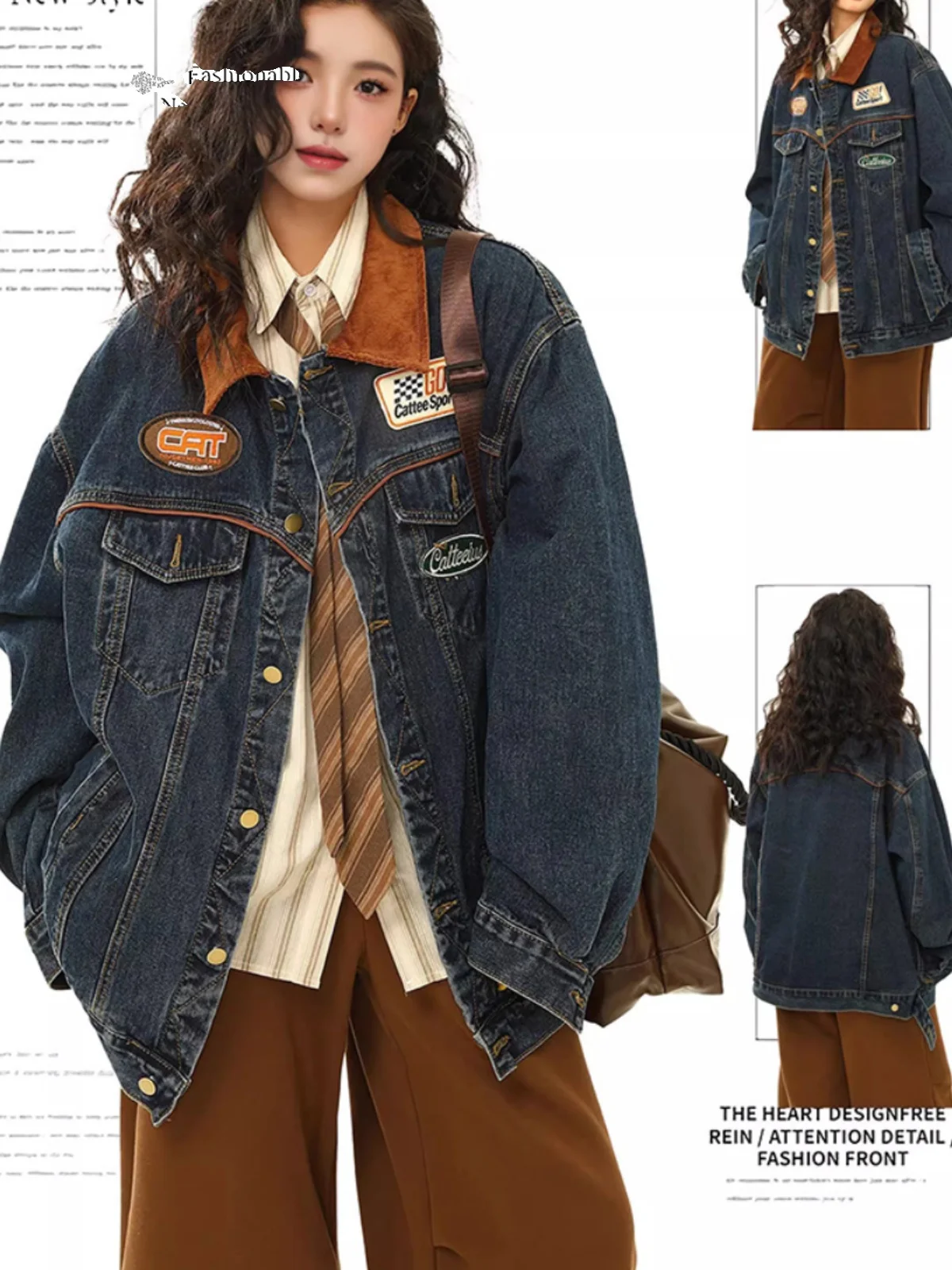 

Ретро-куртка в американском уличном стиле из джинсовой ткани, свободного кроя, молодежная, с длинными рукавами, вышитым воротником, в стиле пэчворк, модная верхняя одежда