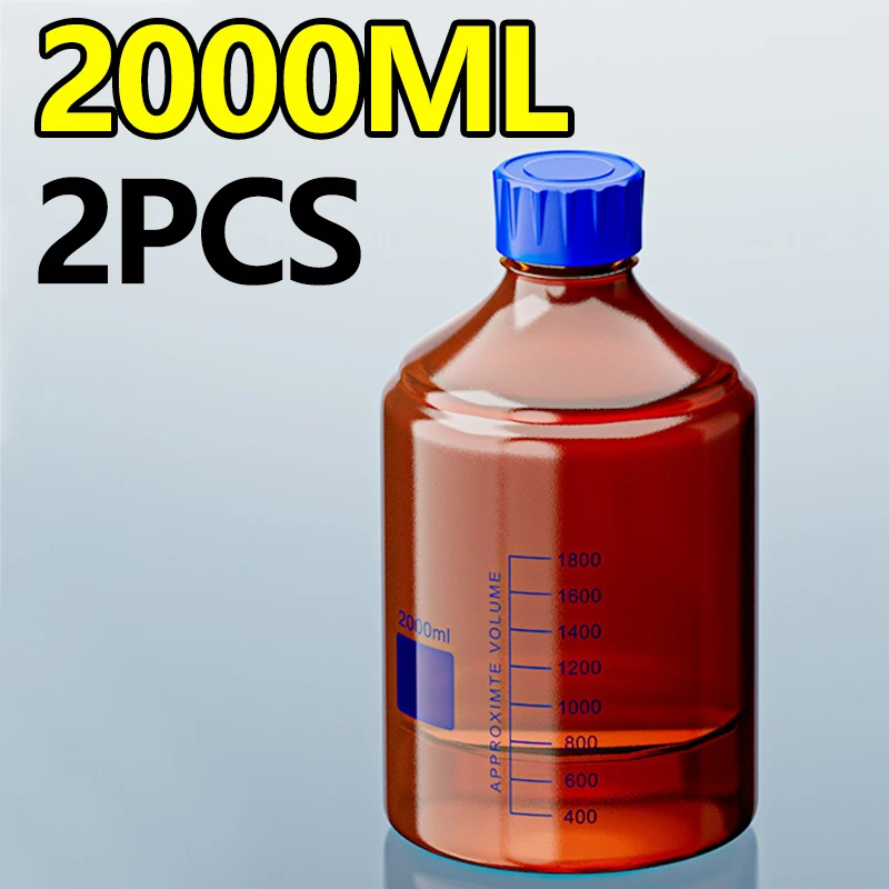 2 قطعة GL45 البلاستيك الأزرق غطاء كاشف زجاجة 2000 مللي البني PP البولي بروبلين المسمار الفم زجاجة مع مقياس عينة زجاجة #1