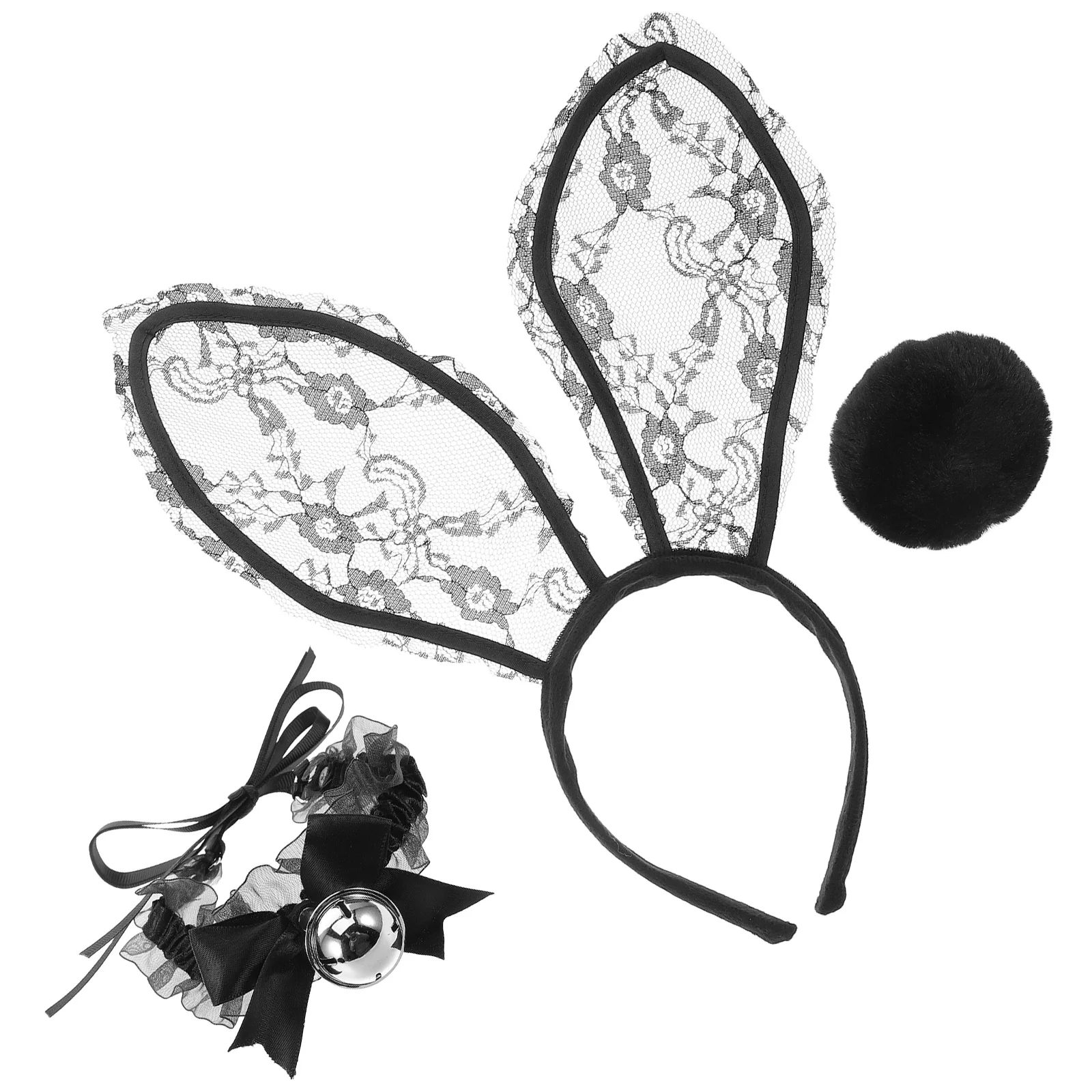 Bunny Ears Headband Black Lace Rabbit Collar Round Tail Easter Halloween Party Cosplay Costume Bunny Accessories Women