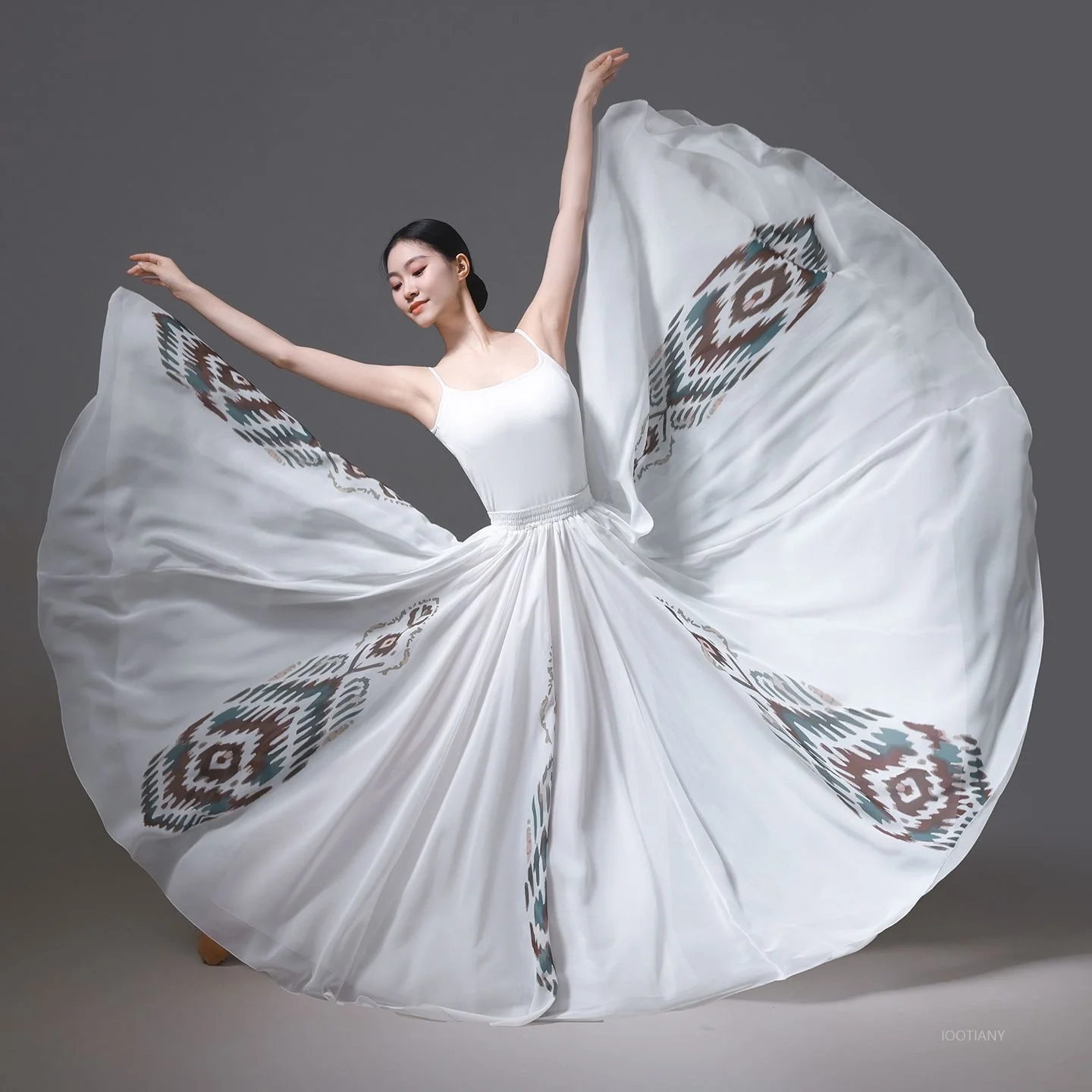 Dames Adele Flamencodansrok 720 graden chiffon Klassieke etnische dans Feature Print Stage Performance Jurk met volledige rok