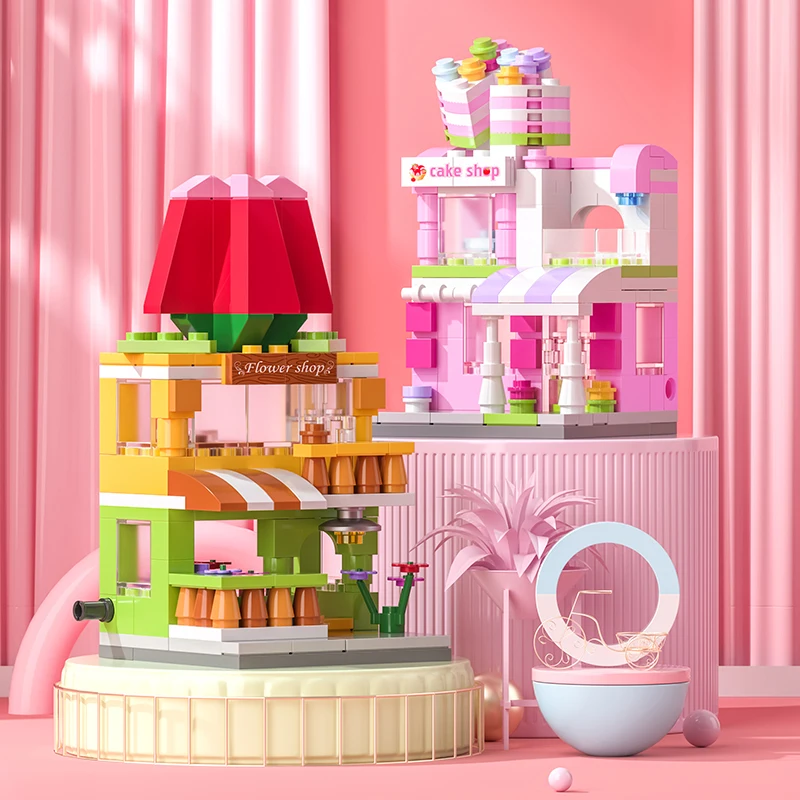 Creativo Mini Negozio Caffè Hamburger Negozio Snack Bar Building Blocks Città Street View Casa da gioco Assemblare Mattoni Giocattolo in miniatura per ragazze