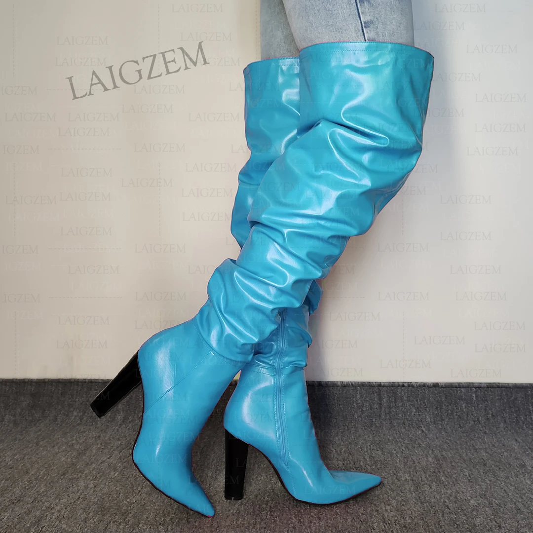 

SEIIHEM Women Knee/Over Knee Boots Thick Heels Pointed Toe Side Zip Tall Boots Faux Leather Ladies Shoes Woman Size 41 43 45 47