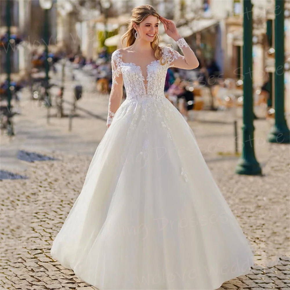 Robes de mariée A-ligne avec de belles appliques en dentelle pour femmes, robes éducatives à manches longues, robe de mariée généreuse, moderne et gracieuse