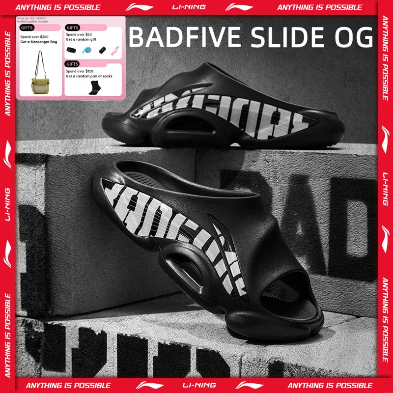 Li-Ning Men's BADFIVE SLIDE OG Outdoor Slippers Lightweight Soft Cushion Anti-slip LiNing Basketball Sandals ABTV007