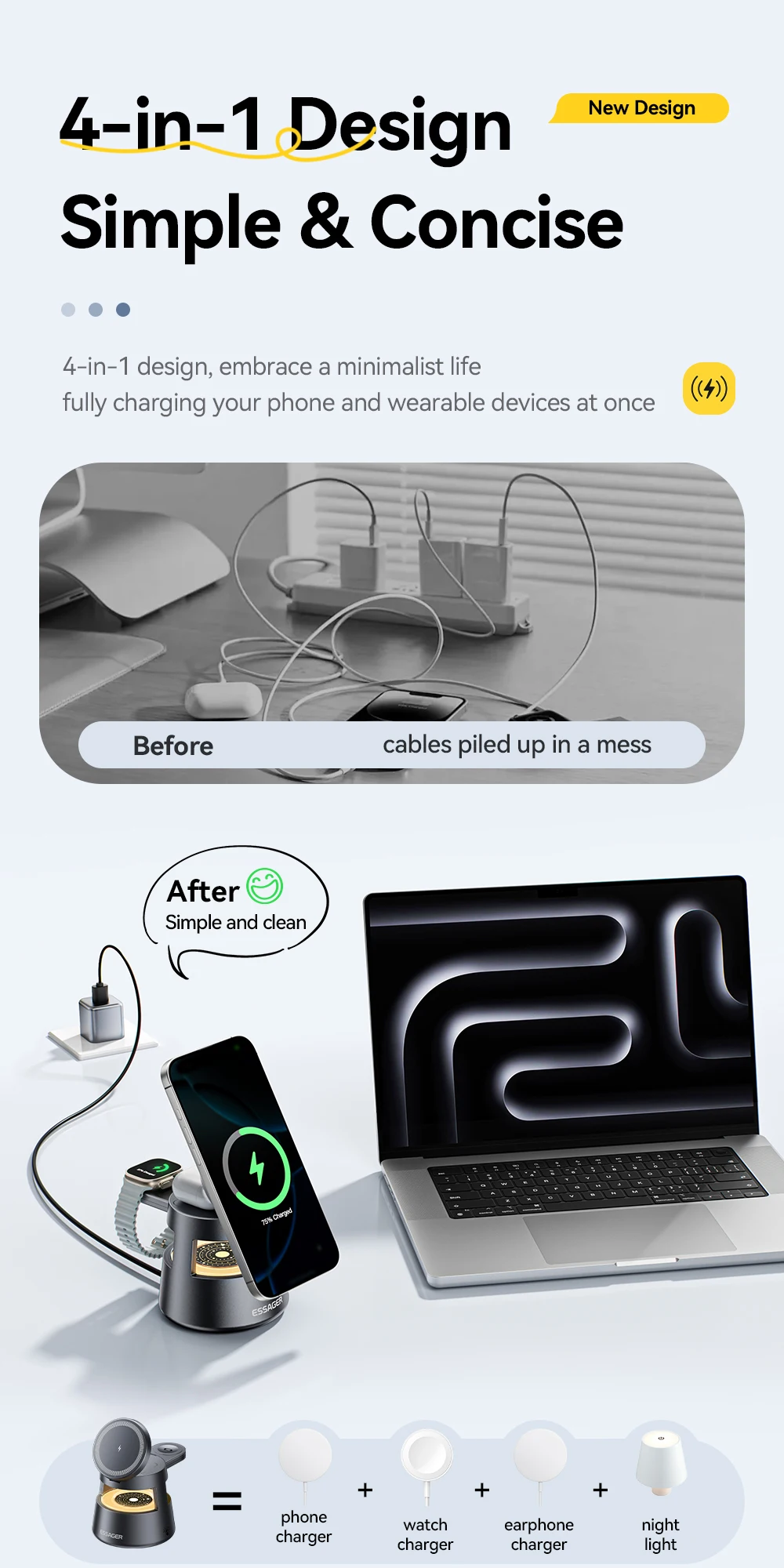 Essager 4 in 1 Magnetic Wireless Charger Stand for iPhone 16 15 14 13 12 Apple Watch 9 8 Airpods Pro 15W Fast Charging Station