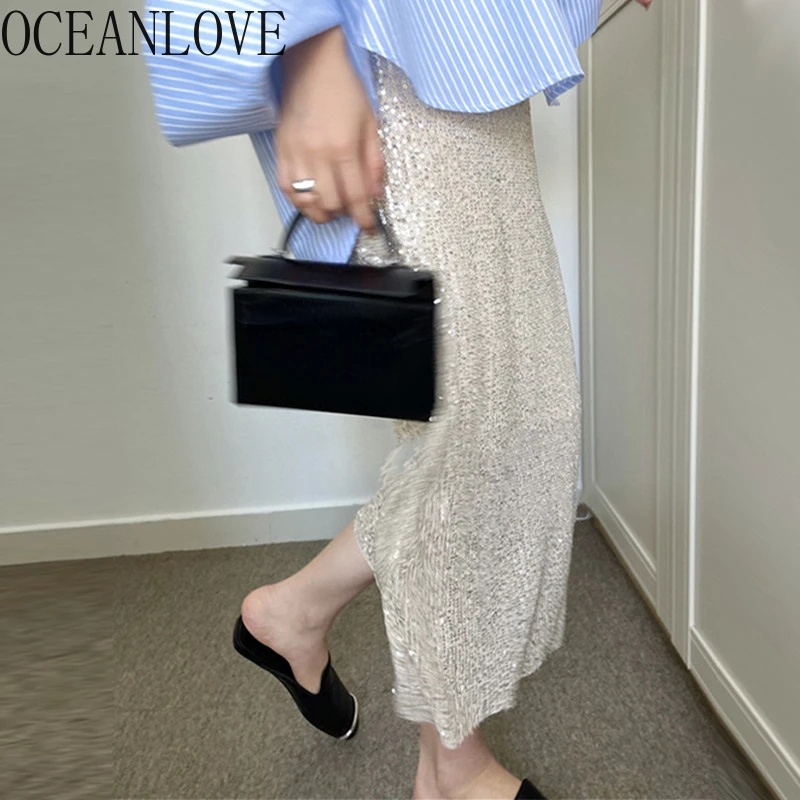 

OCEANLOVE Spring Summer Sequins Long Skirts Solid Elegant Korean Style A-line Faldas Mujer High Waist Simple Women Skirt