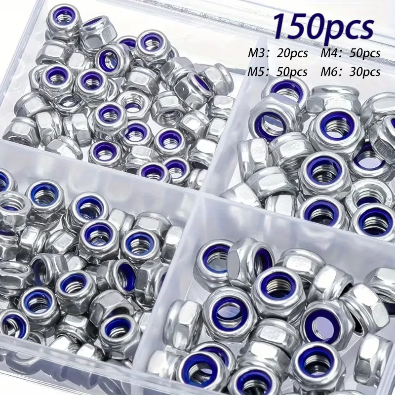 150pcs Box Anti-Slip Locking Nuts，Full Thread, M3/M4/M5/M6,Hex Lock Nuts, for Home DIY，Construction，Maintenance Projects