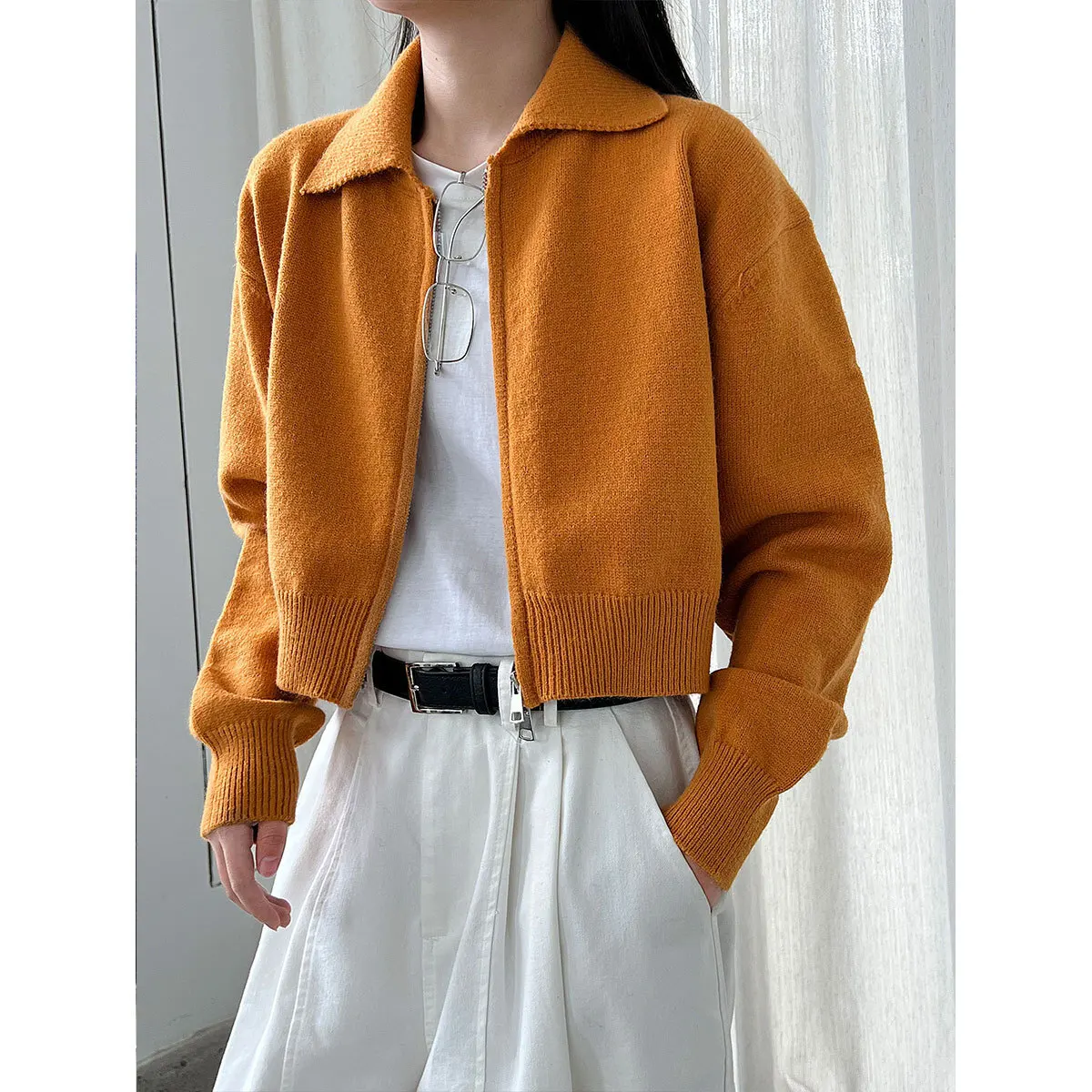 

crop Double-Zip Sweater Cardigan For Women Autumn Knitted Polo's Collar Top