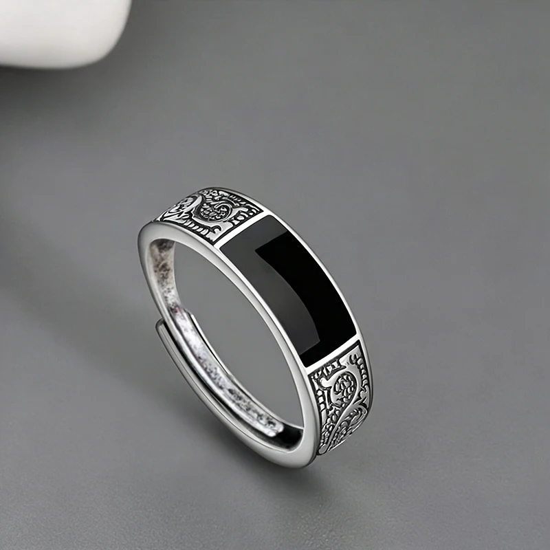 Huitan Vintage Schwarzer Emaille-Ring für Männer und Frauen, Verstellbar, Retro Geschnitztes Muster, Alltag, Party, Punk, Offener Ring, Schmuckgeschenk