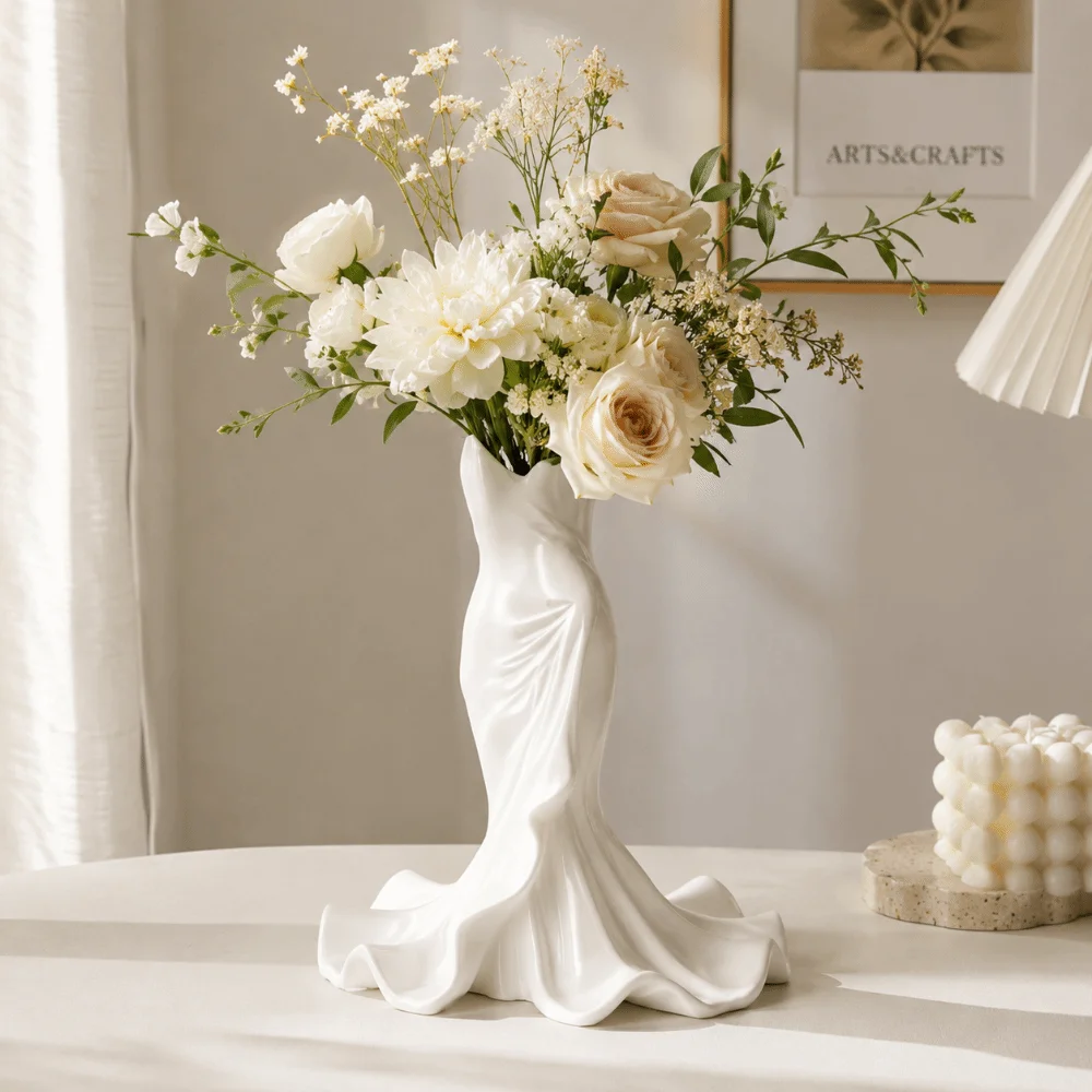 Modern Vase Dress Shape Mermaid Tail Vase Elegant Home Decor Flower Vase 3D Printed Makeup Brush Organizer Gift