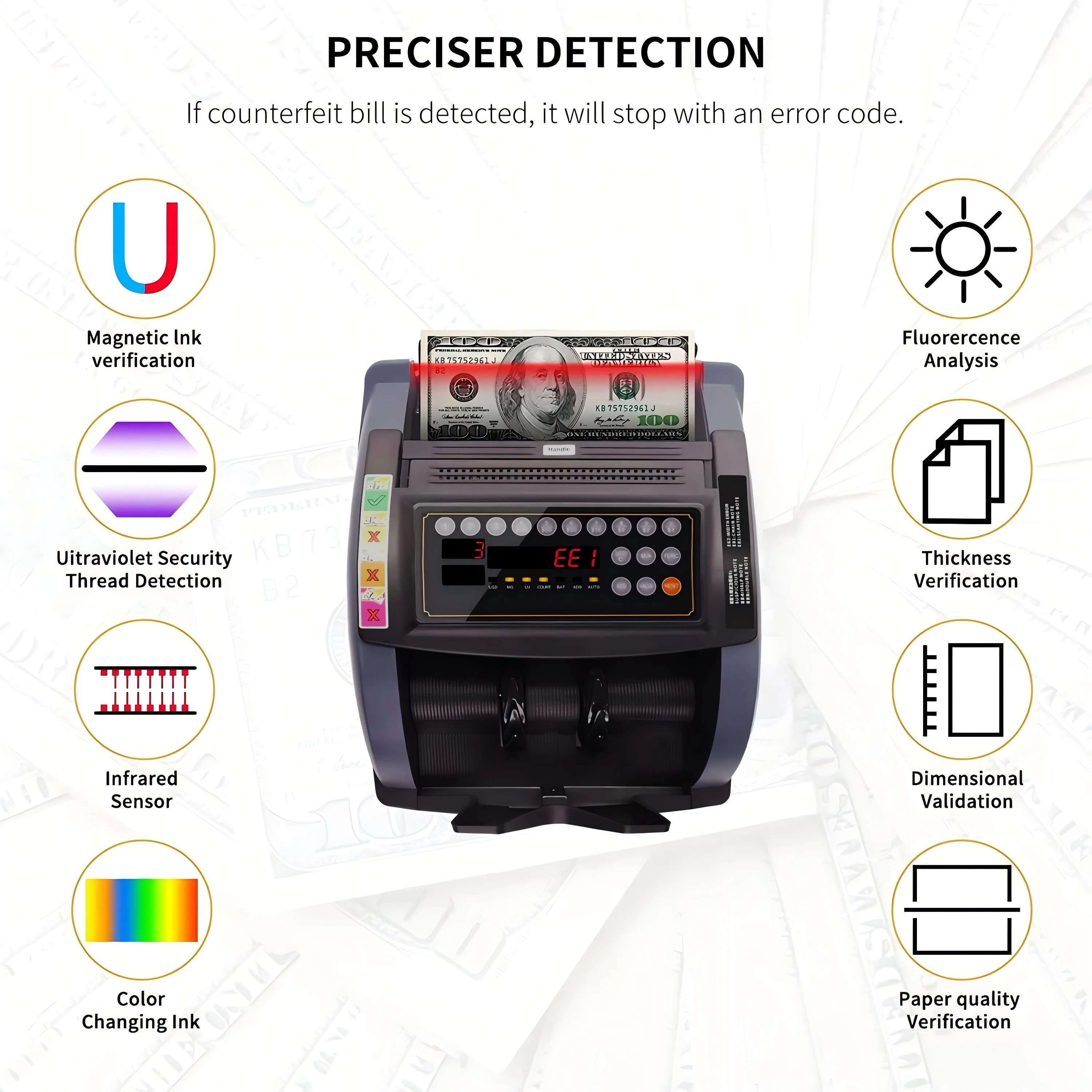 US Plug 110V Voltage, USD EUR Money Counter Machine UV/MG/IR/DD Cash Counterfeit Detectors, Add/Batch/Auto/Manual Modes