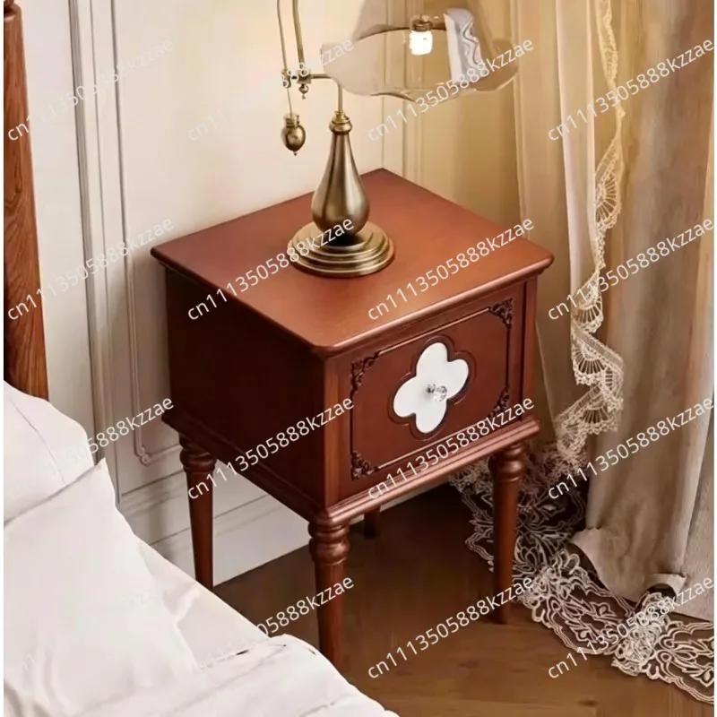 French Vintage Narrow Nightstand , Small Moveable Bedside Table with Drawer, Solid Wood Bedroom Cabinet for Compact Space