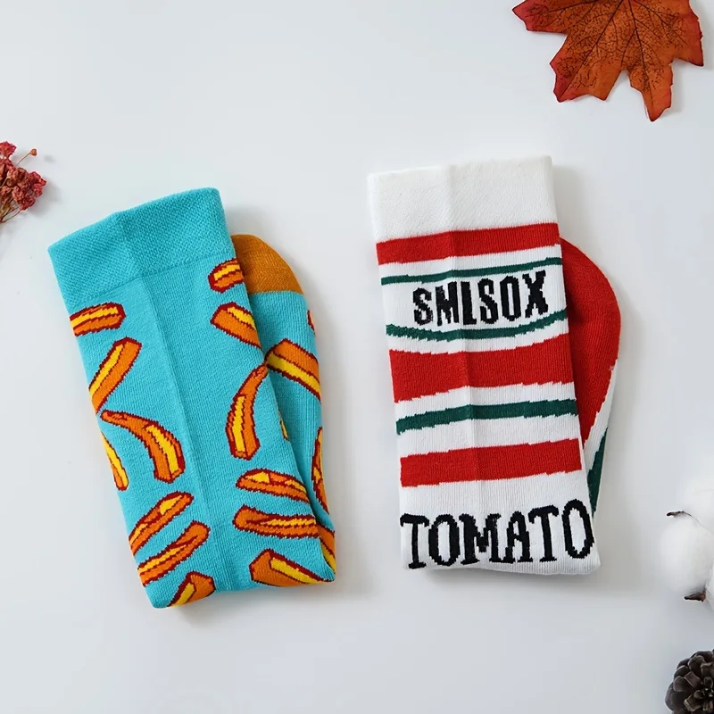 Lustige Socken mit Tomaten-Ketchup- und Pommes-Frites-Motiv, Baumwollsocken im AB-Stil, mittelhohe Socken mit Lebensmittelmotiven, kreative, abstrakte, originelle Paar-Socken. – Detail 8