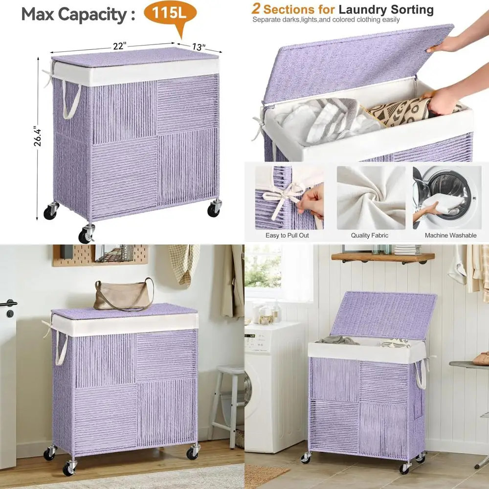 

Фиолетовая корзина для белья на колесиках с крышкой, емкостью 115 л, съемным вкладышем и колесами для эффективной сортировки белья