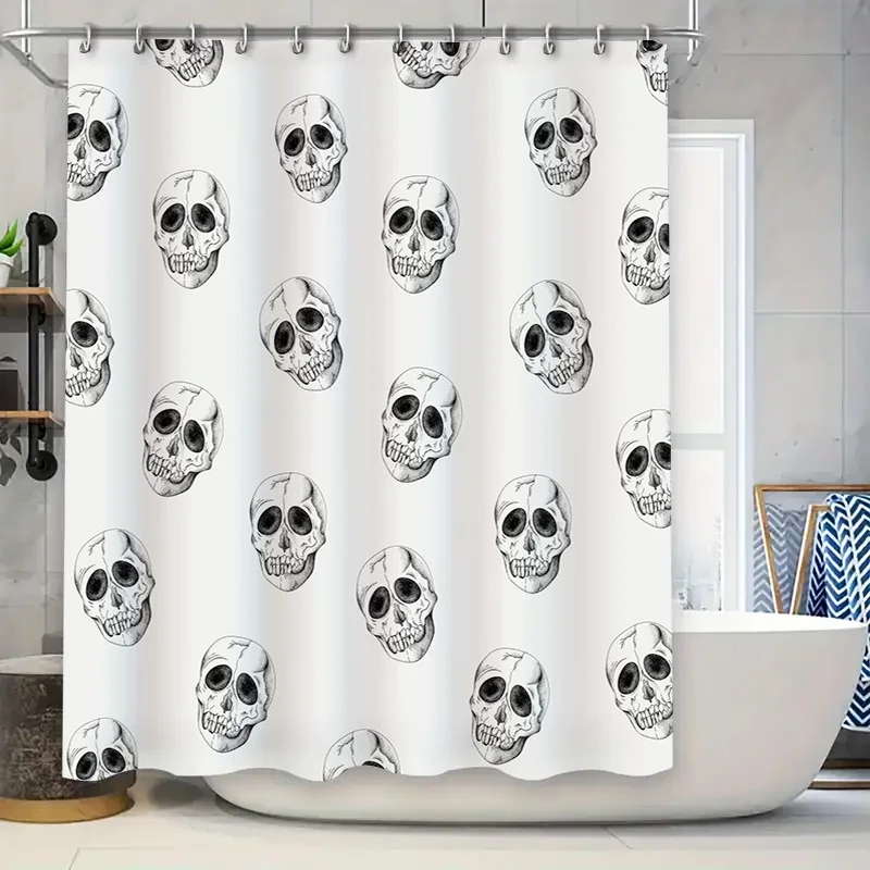 

Занавеска для душа с принтом черепа, водонепроницаемая ткань для декора ванной, защита конфиденциальности, аксессуары для дома, белый с черным рисунком черепа (180