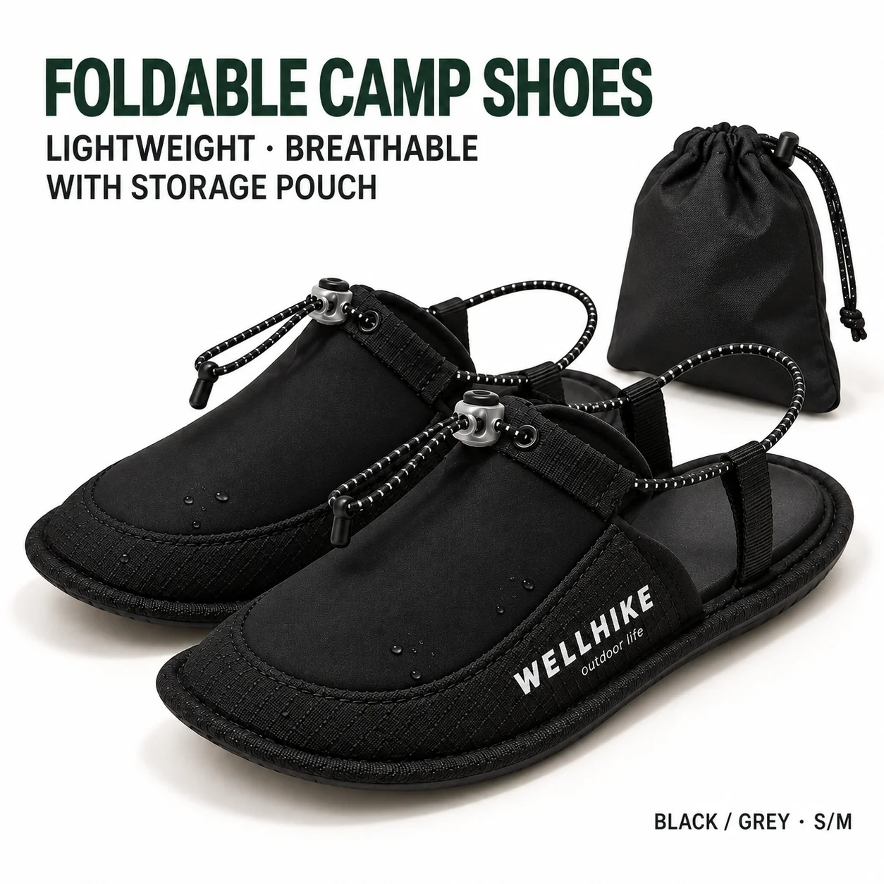 Foldable Travel Slippers Lightweight Breathable Closed Toe TPU Sole Adjustable Heel Cord with Storage Pouch Black M L XL