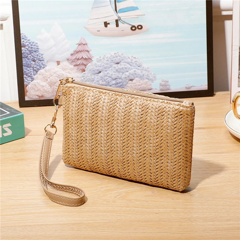 Weaving Bag Fashion Ladies Wristlet Clutch Women Daily Money Phone Clutch Solid Straw Woven Coin Purse Beach Wallet Card Bag