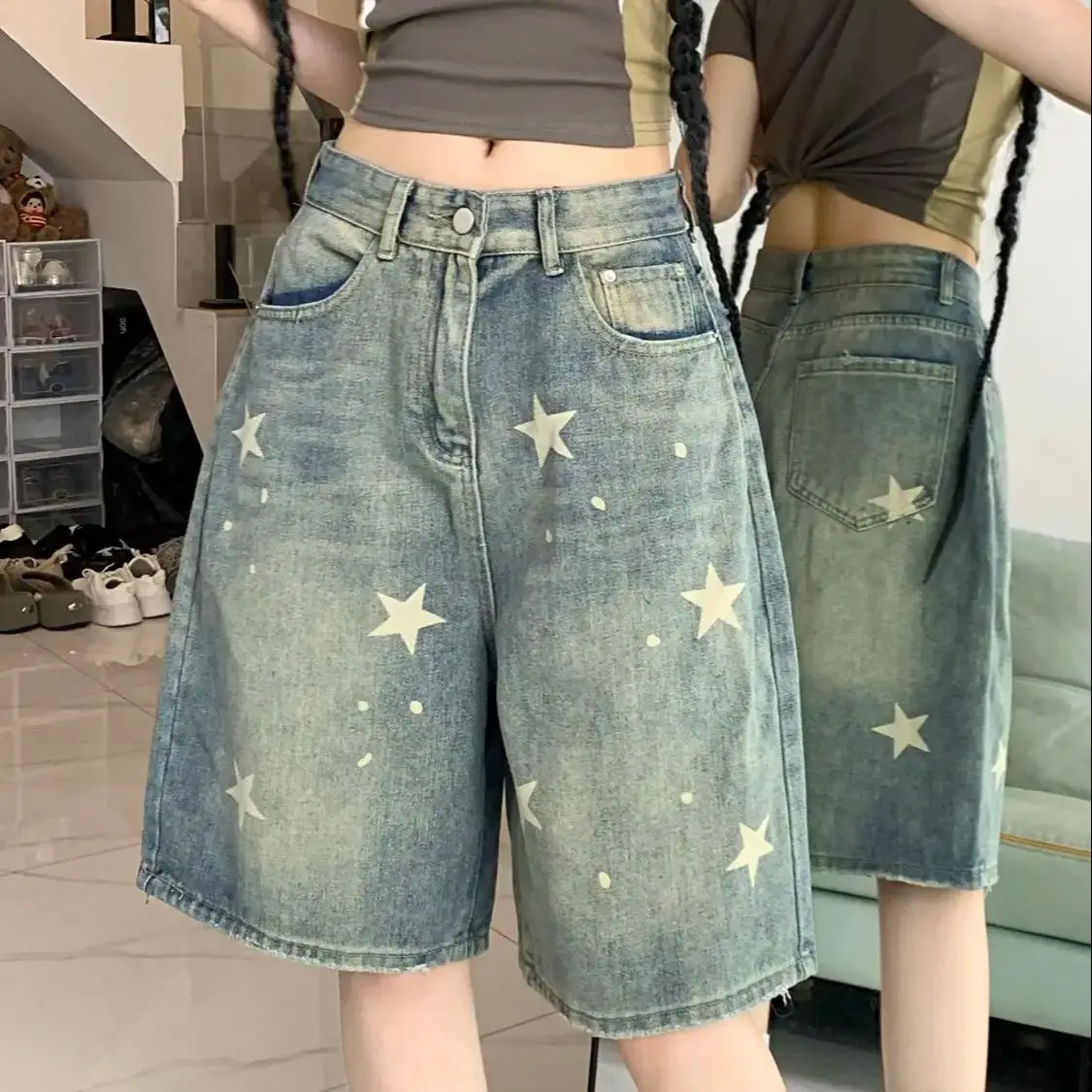 

American Retro Washing Old Star Denim Shorts Spring Summer New Five-Point Women Street Straight Versatile Slim Wide-Leg Pants