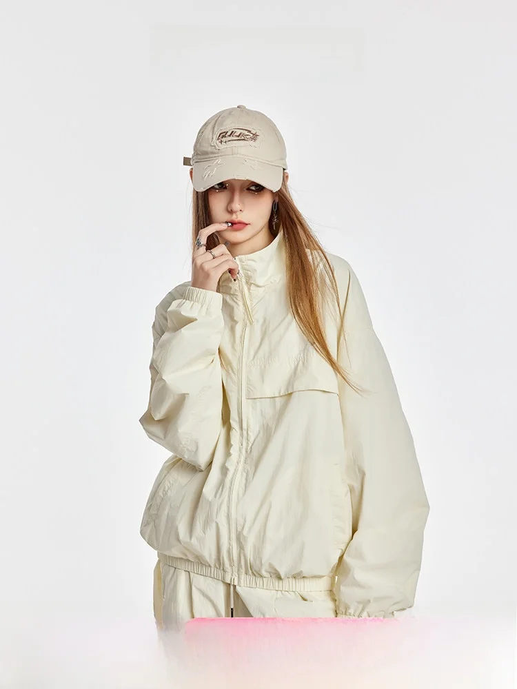 

Outdoor Windproof Sportswear Jacket Women's Loose Fit Stand Collar UV Protection Pure Color Nylon Fabric Long Sleeve Zipper