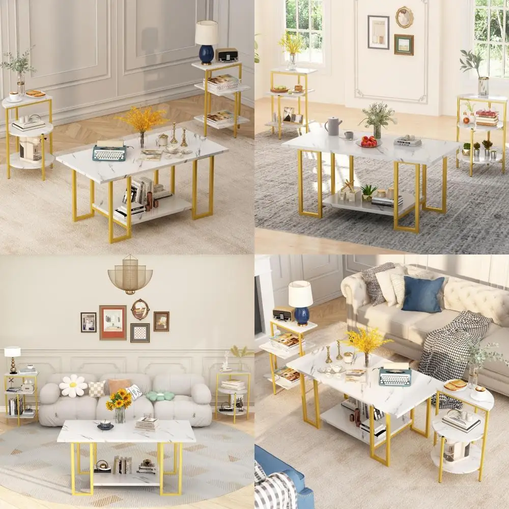 

3-Piece Faux Marble Table Set with Metal Frame for Living Room: Coffee Table and 2 Side Tables