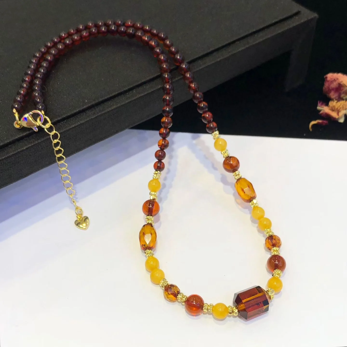 Certified Natural 6-8mm Golden Amber/Red Blood Amber Beaded Necklace Vintage Antique Honey Wax With Metal Accessories Fine Jewel