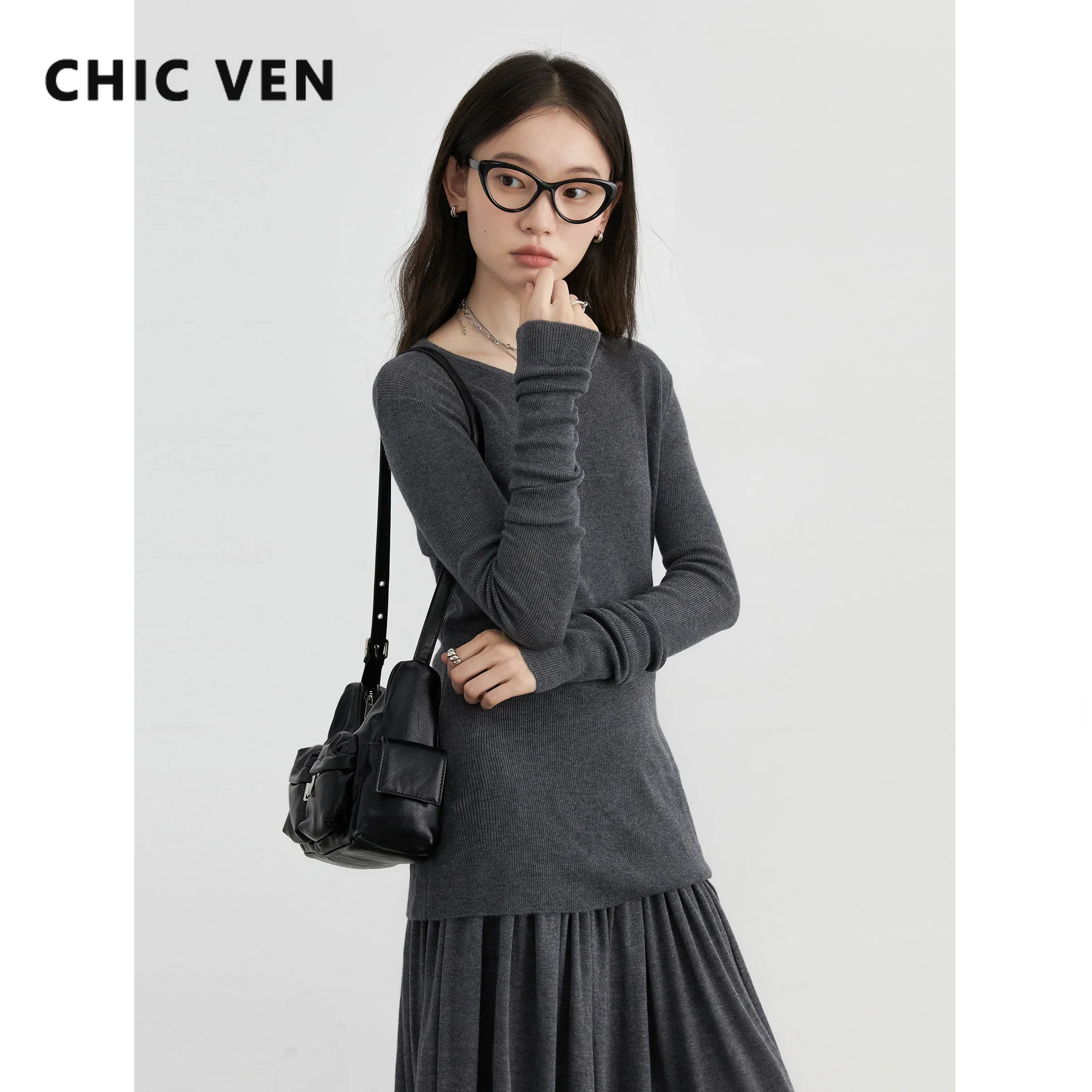 CHIC VEN Women Sweaters Solid Slim Round Neck Female Jumpers Elastic Waist Pleated Woman Skirt Set Spring Autumn 2024