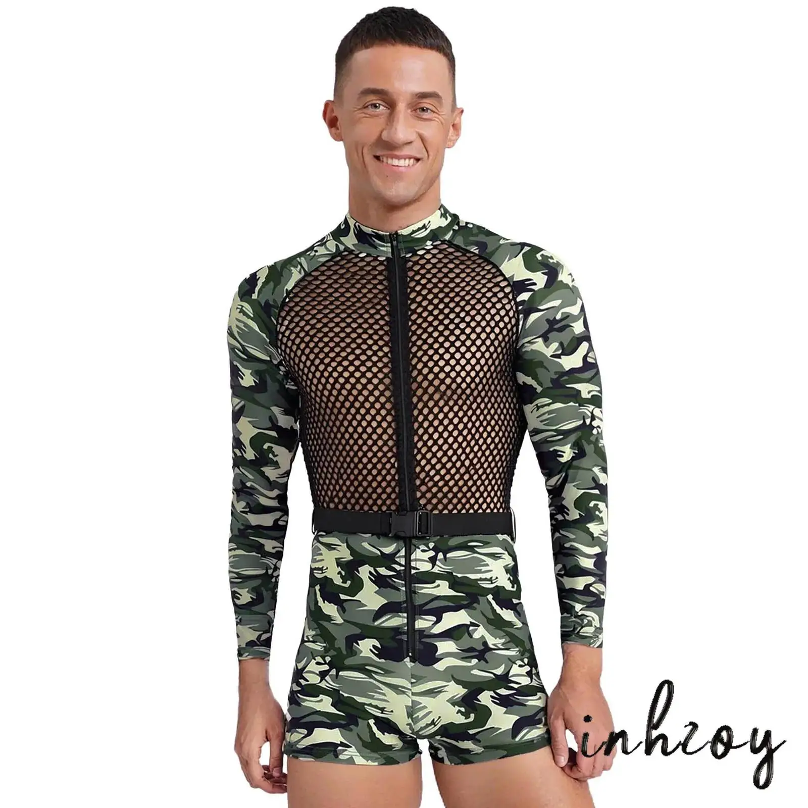 

Mens Steampunk Hollow Out Bodysuit Fishnet Panels Digital Camo Front Zipper Combat Belt Rave Party Costume Futuristic Attire
