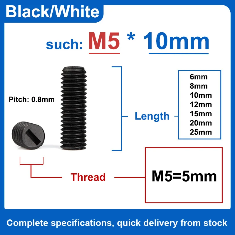 10-50 pz M5 Nylon Set Vite senza testa Lunghezza 6-25mm Filettatura in plastica Testa piatta Metrico Senza testa Bullone con intaglio Bianco Nero Vite di fissaggio