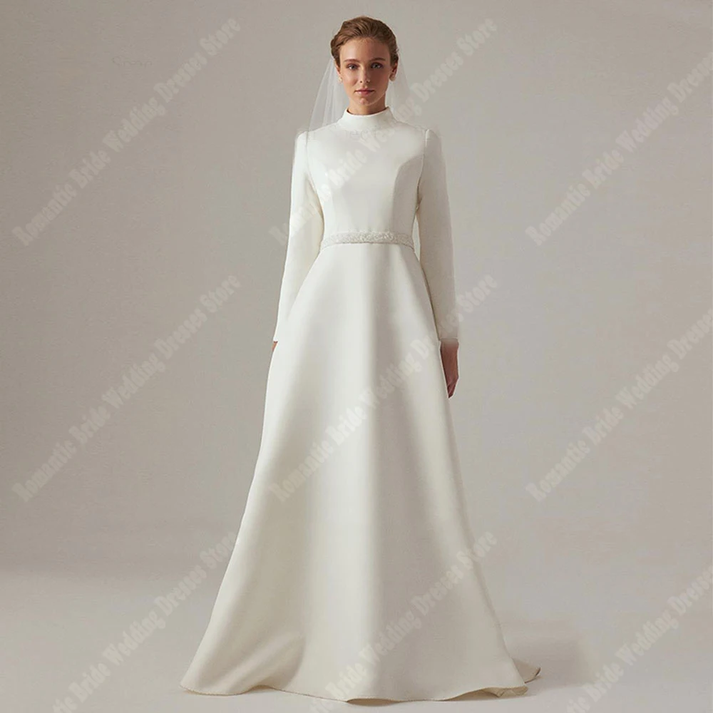 Abiti da sposa da donna in tessuto di raso Boho Abiti graziosi a maniche lunghe Stile minimalista Lunghezza lavaggio Abiti da festa a-line personalizzati