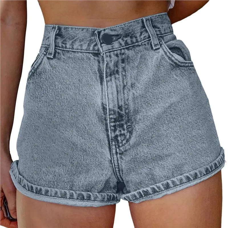 NEW-Womens High Waist Embroidered Denim Shorts Light Blue Version L