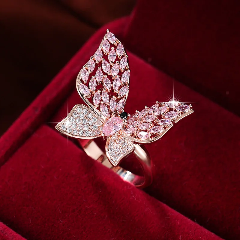 UILZ Korea Cute Girly Pink Butterfly Rings For Women Girls Fashion Rose Gold Plated Wedding Ring Party Jewelry