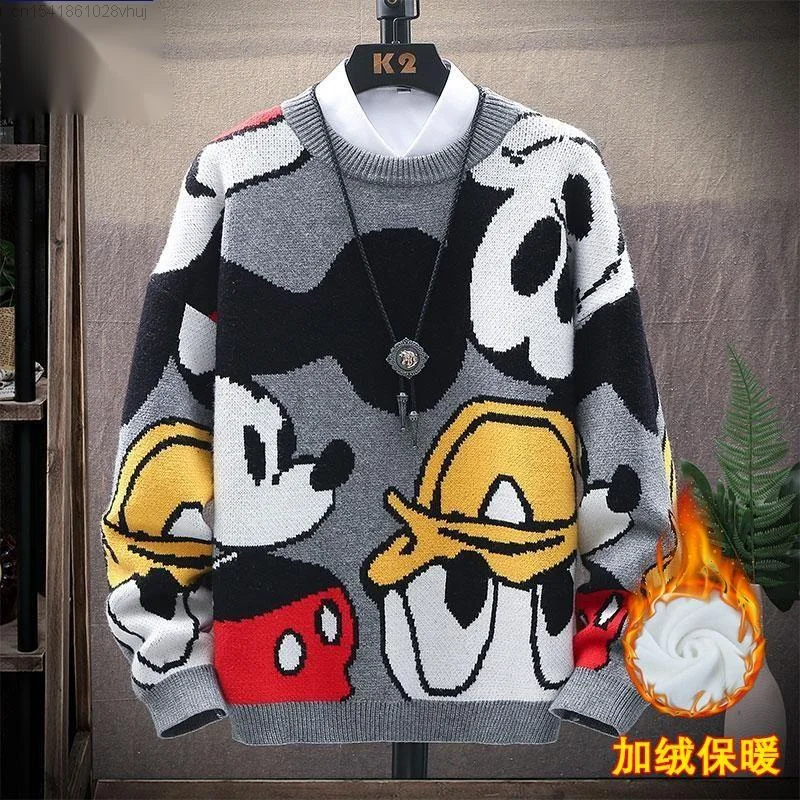 Disney Mickey Mouse kaczor Donald sweter zimowy dzianinowa odzież młodzieżowy koreański stylowy modny ciepła dzianina szeroki sweter Hip Hop