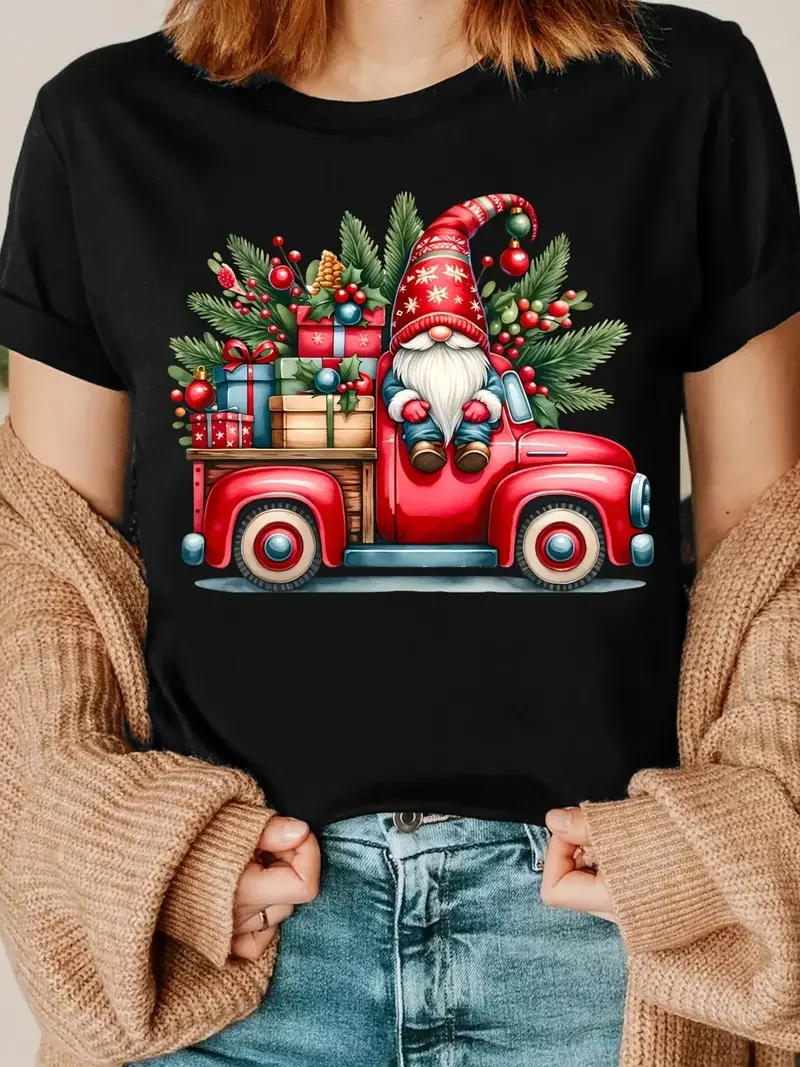 2026 عيد الميلاد جنوم الجرافيك تي شيرت قصير الأكمام الجولة الرقبة رداء علوي غير رسمي قابل للغسل عطلة حفلة المحملة للنساء مضحك جنوم هدية