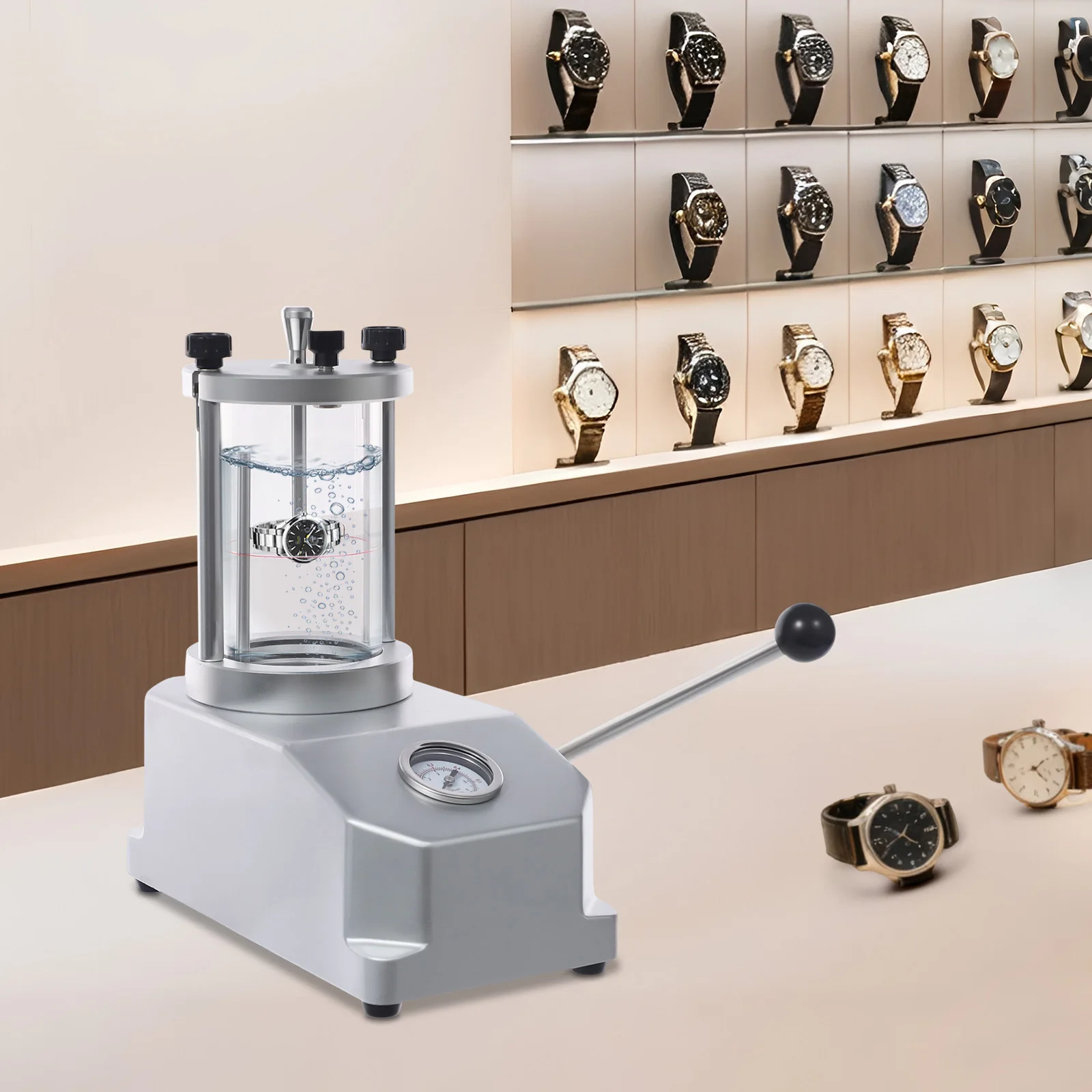 

Тестер водонепроницаемости часов, прибор для проверки давлением 0.3-6 бар, тестер водонепроницаемости для кварцевых и механических часов со стеклянным окном