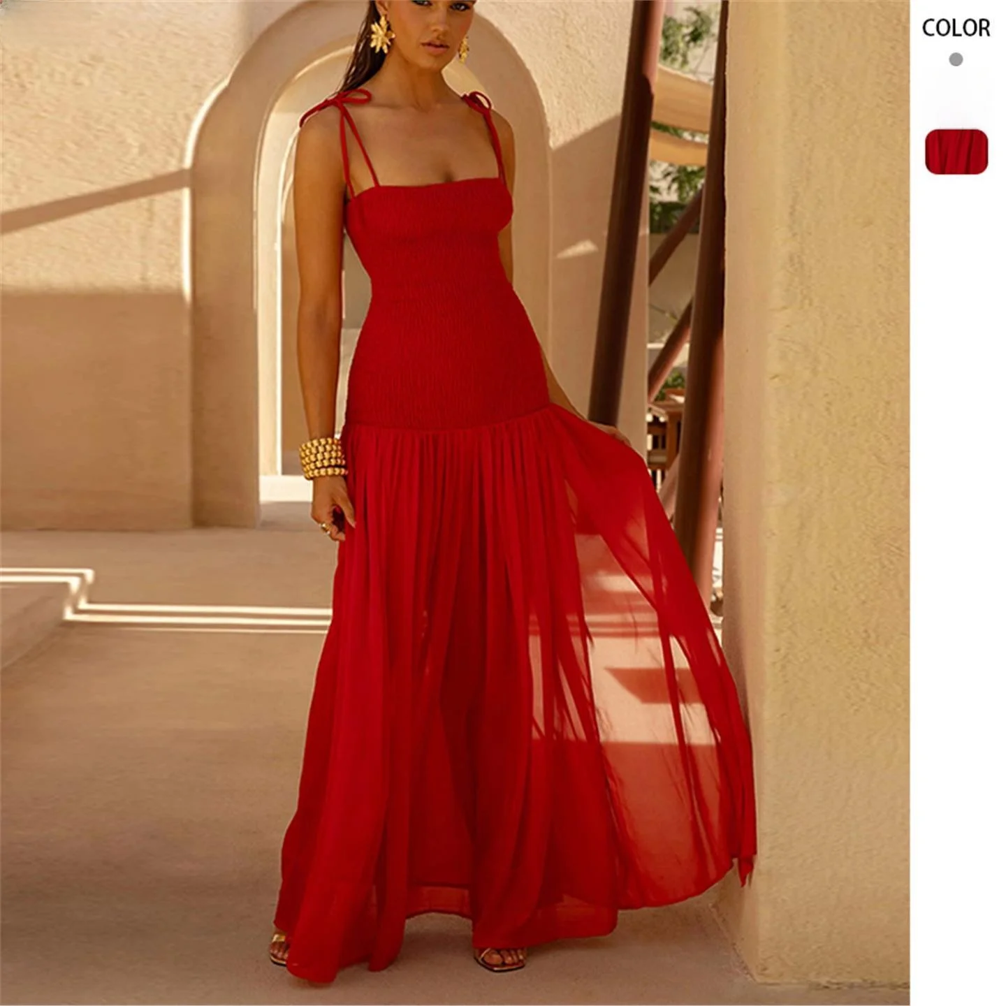 Long Sleeveless Halter Gown LinJ2026 Women's Holiday Spring Frock Skirt European Style High Waist Polyester Maxi Dress