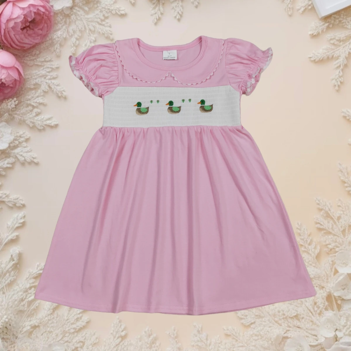 

Baby Girl Dress Kids Princess Cute Embroidery Ducks Doll Collar Ruffle Sleeve Knee Length Dresses Fashion Children Clothing