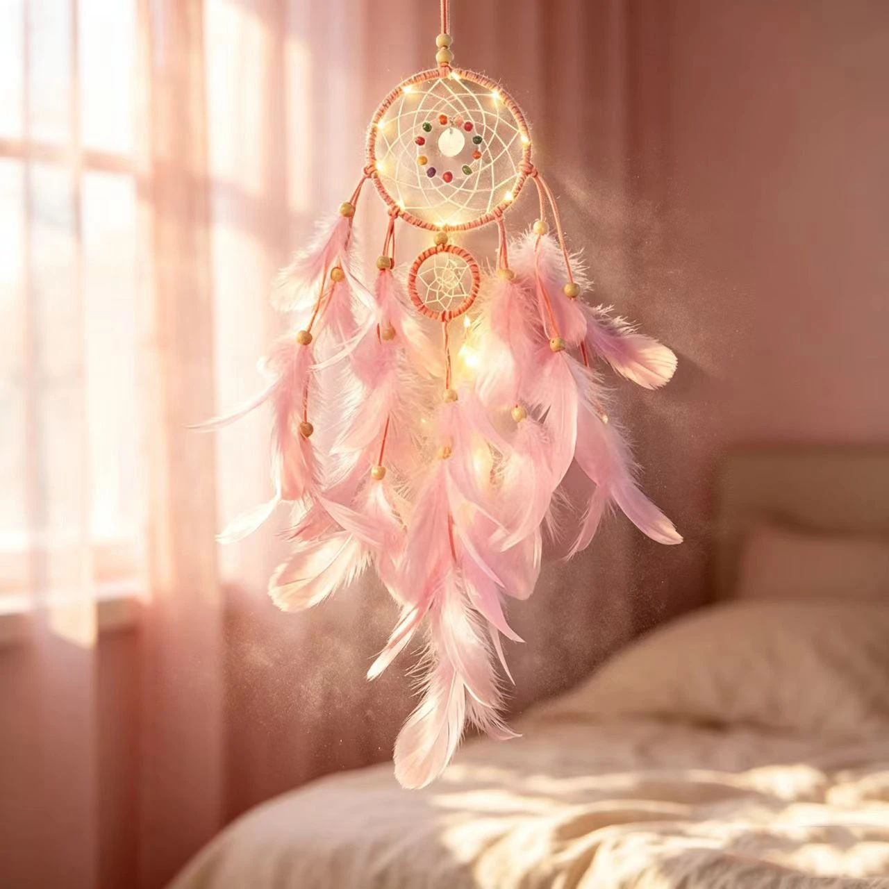 Double Ring Handmade Dream Catcher Feather Wind Chimes Wall Hanging Ornaments Dreamcatcher Gifts Home Crafts Decor