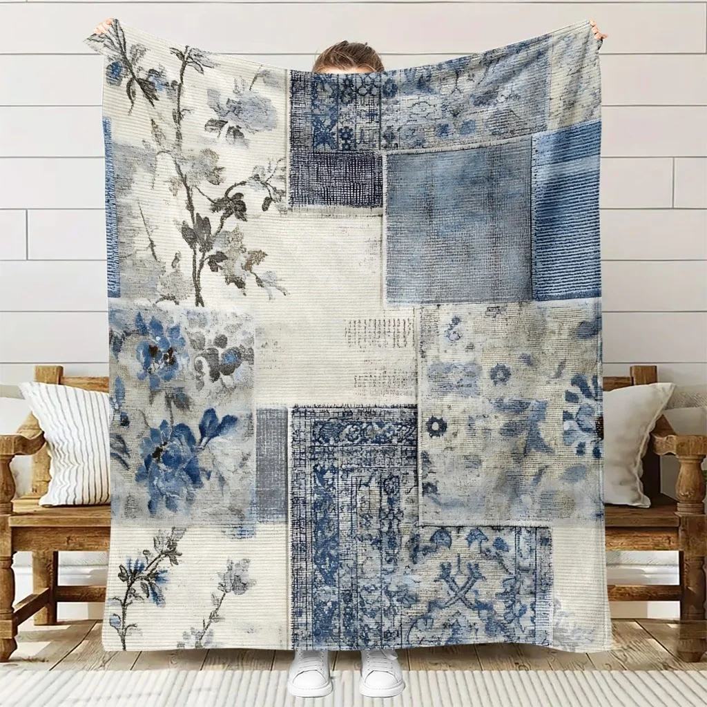 Vintage Blue Floral Patchwork Quilt Style Print Flannel Blanket Soft Throw For Sofa Bedroom Farmhouse Decor Style Home Gift