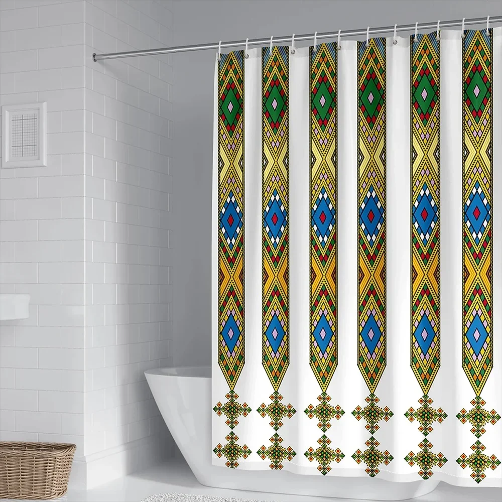 Saba Telet Ethiopian Eritrean Waterproof Shower Curtains Washable Bathroom Accessories Bath Curtains Mildewproof with12 PCS Hook