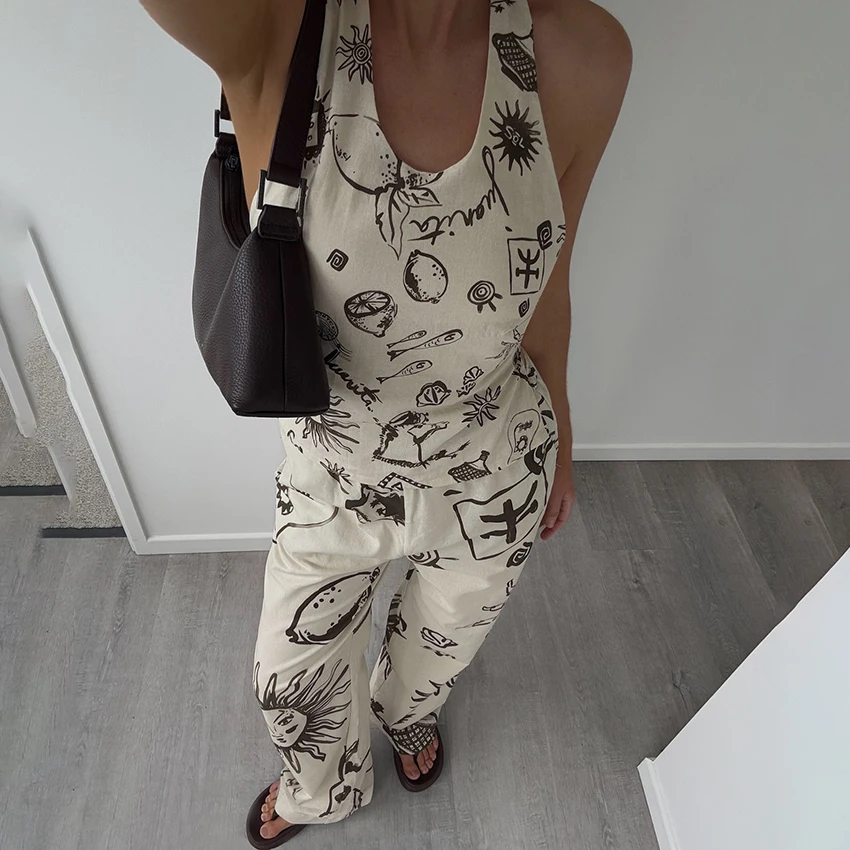 

Linad Summer Vintage Print Long Pants Suits 2 Piece Sets For Women Summer Loose Sleeveless Top Casual Trousers Set Beach 2025